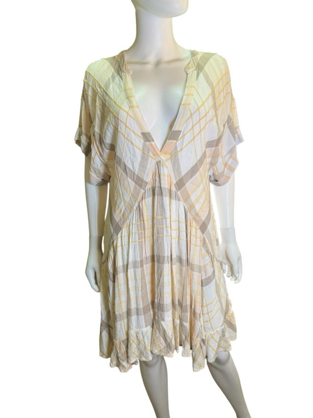 Free People Agnes Plaid Mini V Neck Printed Short Sleeve Ruffle Boho Dress M Euc